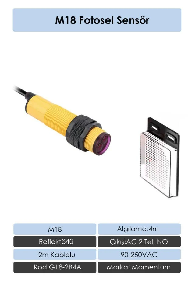 Fotosel M18 4m Reflektörlü 2m Kablo DC 2 Tel NC G18-3B4LB
