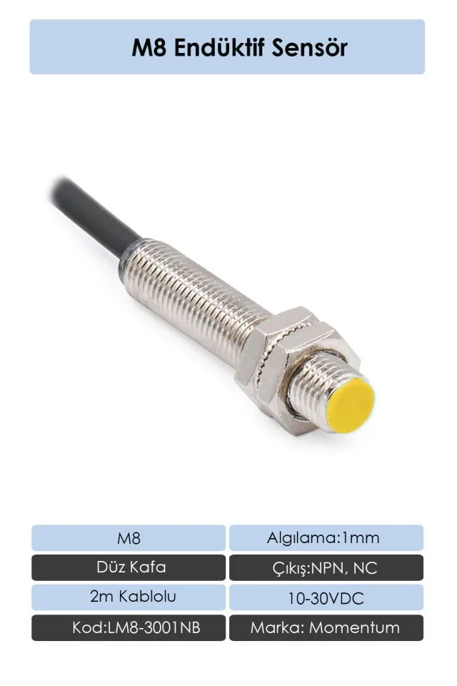 Sensör Endüktif M8 1mm Düz Kafa 2m Kablo NPN NC LM8-3001NB