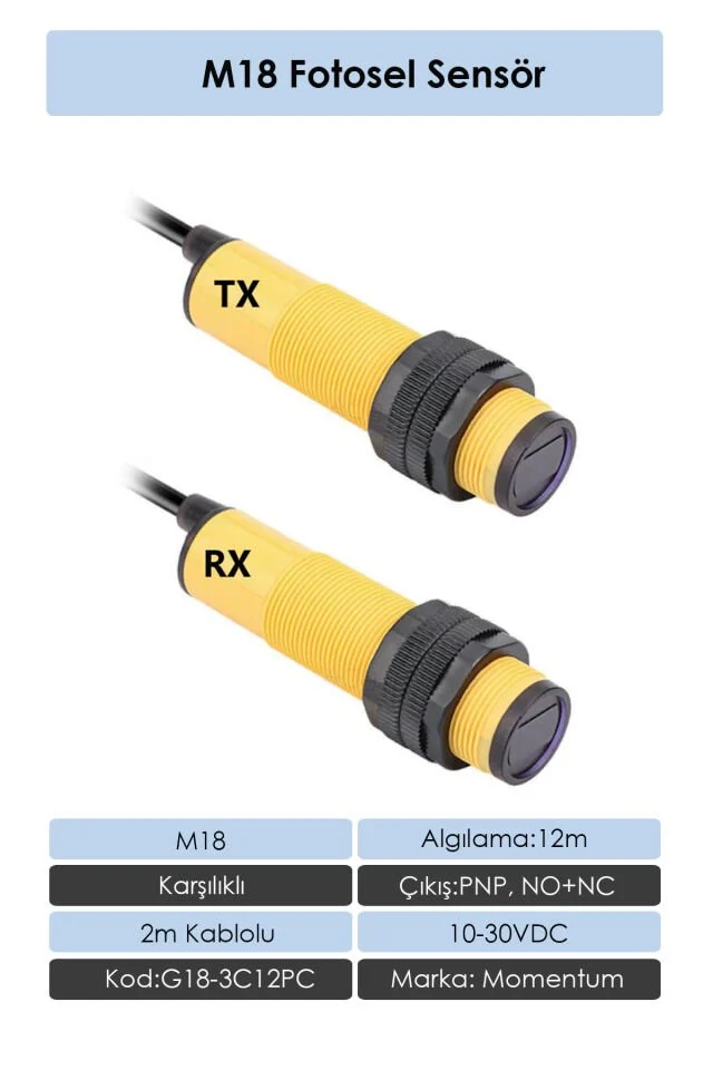 Fotosel M18 12m Karşılıklı 2m Kablo PNP NO G18-3C12PA