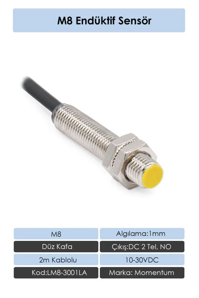 Sensör Endüktif M8 1mm Düz Kafa 2m Kablo DC 2 Tel NO LM8-3001LA