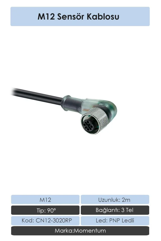 Sensör Konnektör M12 90d 2 metre 3 Tel CN12-3020RP