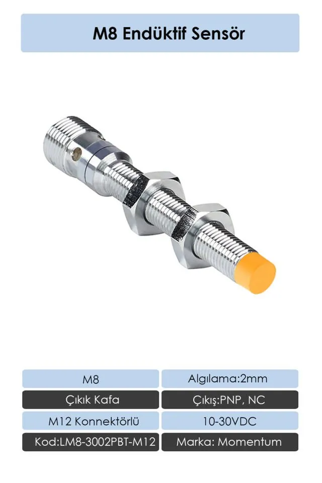 Sensör Endüktif M8 2mm Çıkık Kafa Konnektör M12 NPN NC LM8-3002NBT-M12