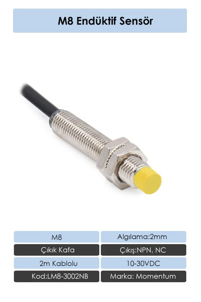 Sensör Endüktif M8 2mm Çıkık Kafa 2m Kablo NPN NC LM8-3002NB
