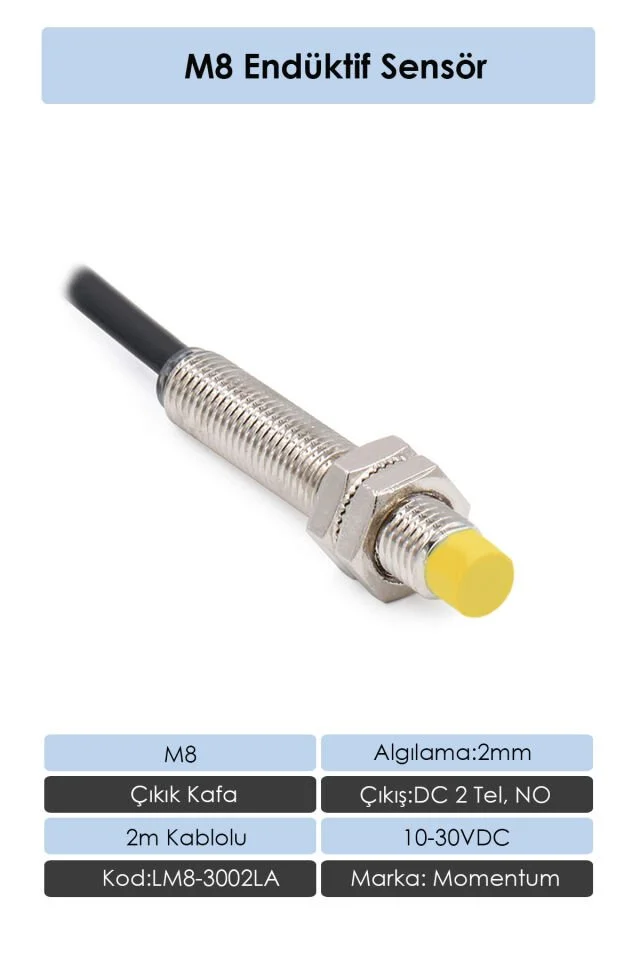 Sensör Endüktif M8 2mm Çıkık Kafa 2m Kablo DC 2 Tel NO LM8-3002LA
