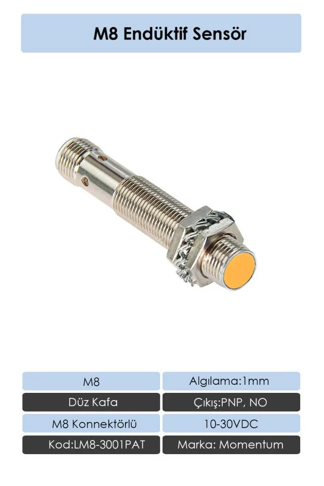 Sensör Endüktif M8 1mm Düz Kafa Konnektör M8 PNP NO LM8-3001PAT