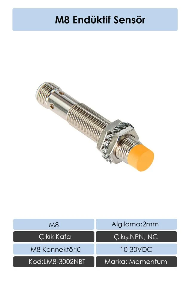 Sensör Endüktif M8 2mm Çıkık Kafa Konnektör M8 NPN NC LM8-3002NBT