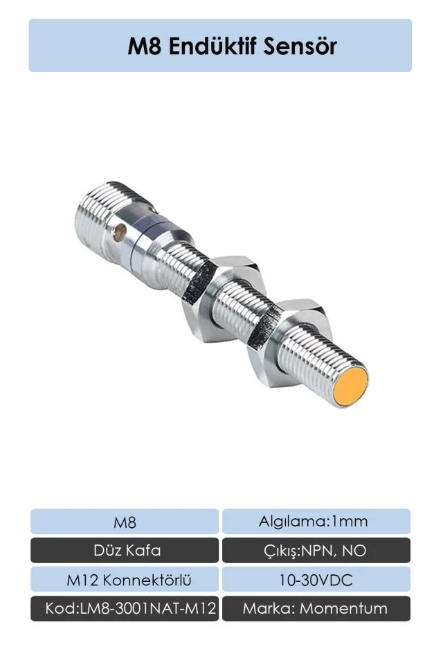 Sensör Endüktif M8 1mm Düz Kafa Konnektör M12 NPN NO LM8-3001NAT-M12