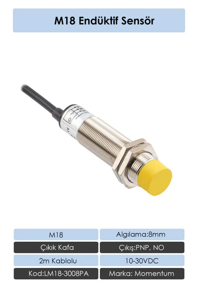 M18 Endüktif Sensör 8mm Çıkık Kafa PNP NO LM18-3008PA