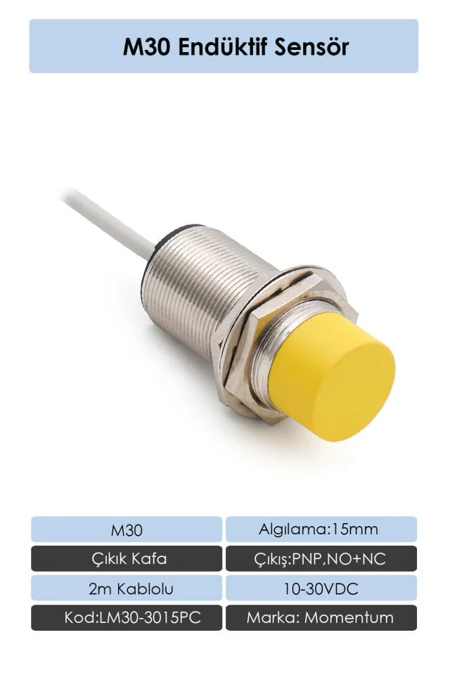 Sensör Endüktif M30 15mm Çıkık Kafa 2m Kablo PNP NO+NC LM30-3015PC