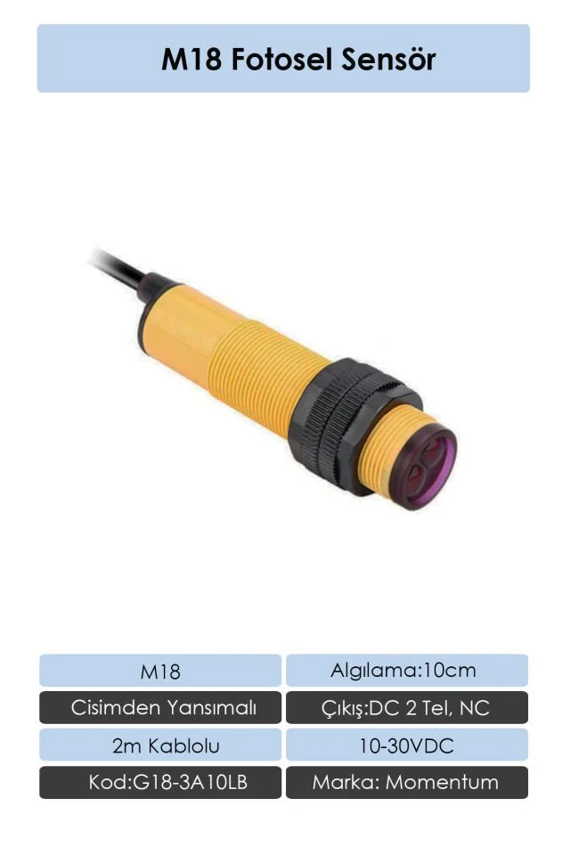 Fotosel M18 10cm Cisimden 2m Kablo DC 2 Tel NC G18-3A10LB
